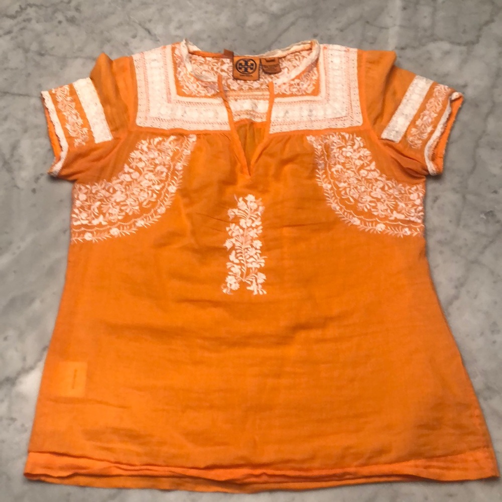 Tory Burch tunic- size 2 embroidered orange/white